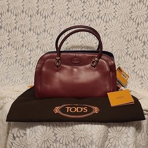 Tods dark wine and purple leather satchel handbag 13"x5.5"x7"